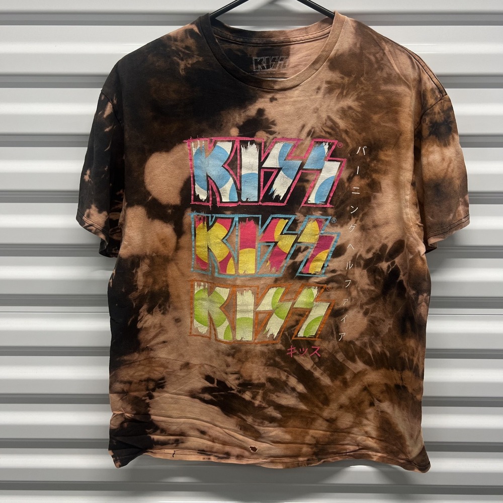 KISS T Shirt Size L Mens Brown Tie Dye Japanese Budokan 1977 Rock Band Graphic